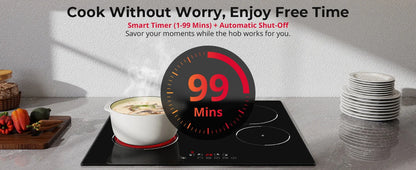6000W Built-in Ceramic Hob, 4 Zone Induction Cooktop with Touch Control, 9 Power Levels, Timer & Child Lock, 60cm Black Glass