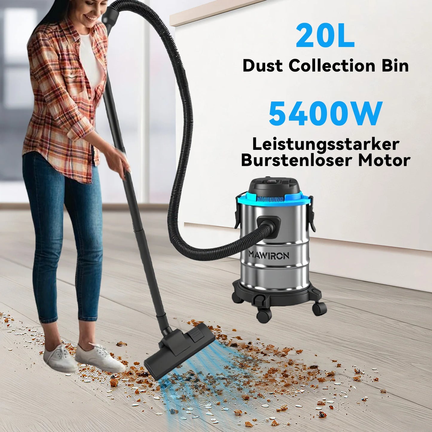 🔧 Heavy Duty Wet Dry Barrel Vacuum Cleaner Stainless Steel Bucket 5400W Powerful Suction Multi Scene Vacuum for Garage Workshop Car Interior Floor Stain & Dry Dust Removal