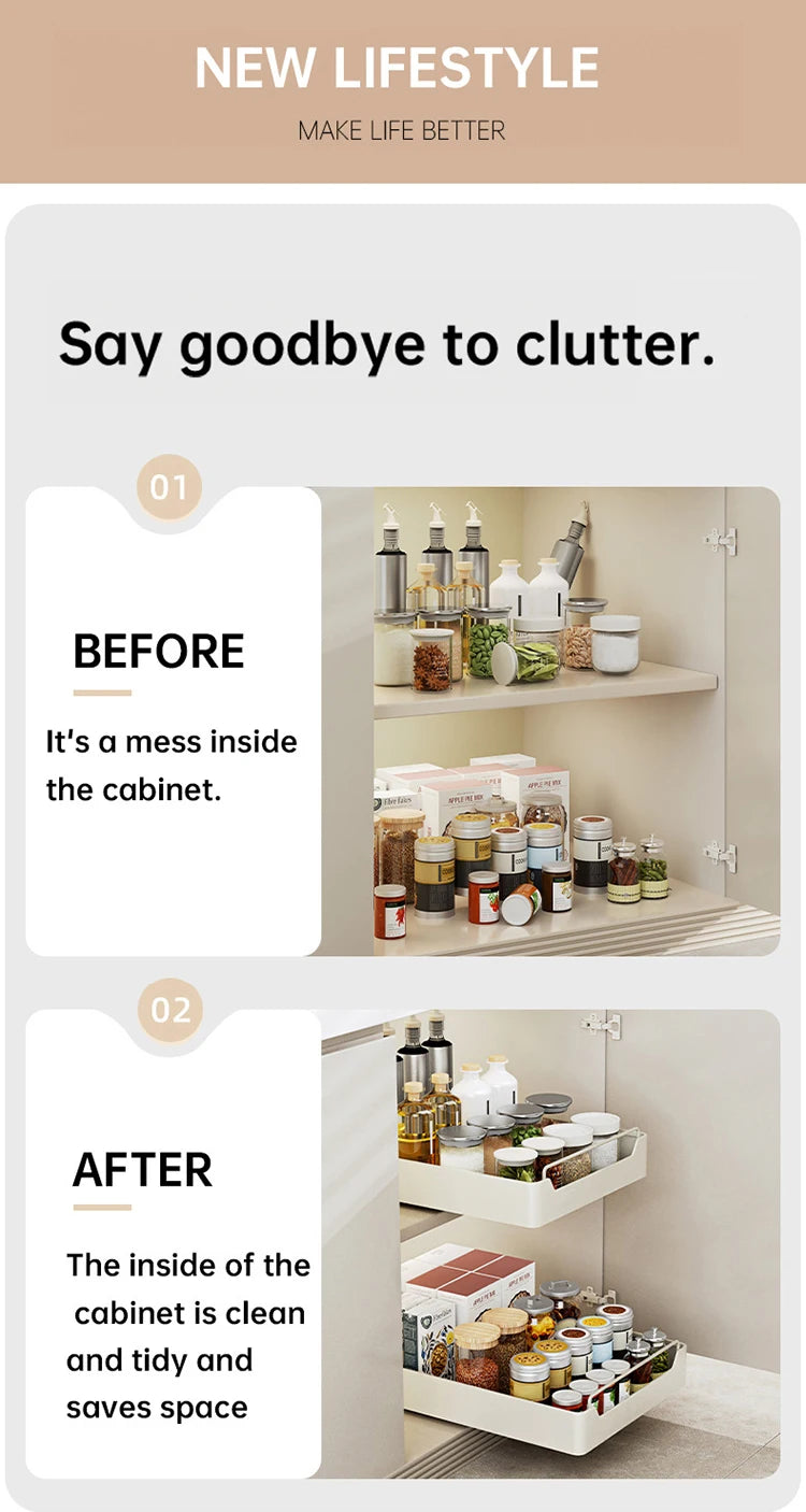 Kitchen Storage Box with Sliding Rail Pull-out Cabinet Storage Rack Spice Pantry Shelves Drawer Kitchen Organizer Basket