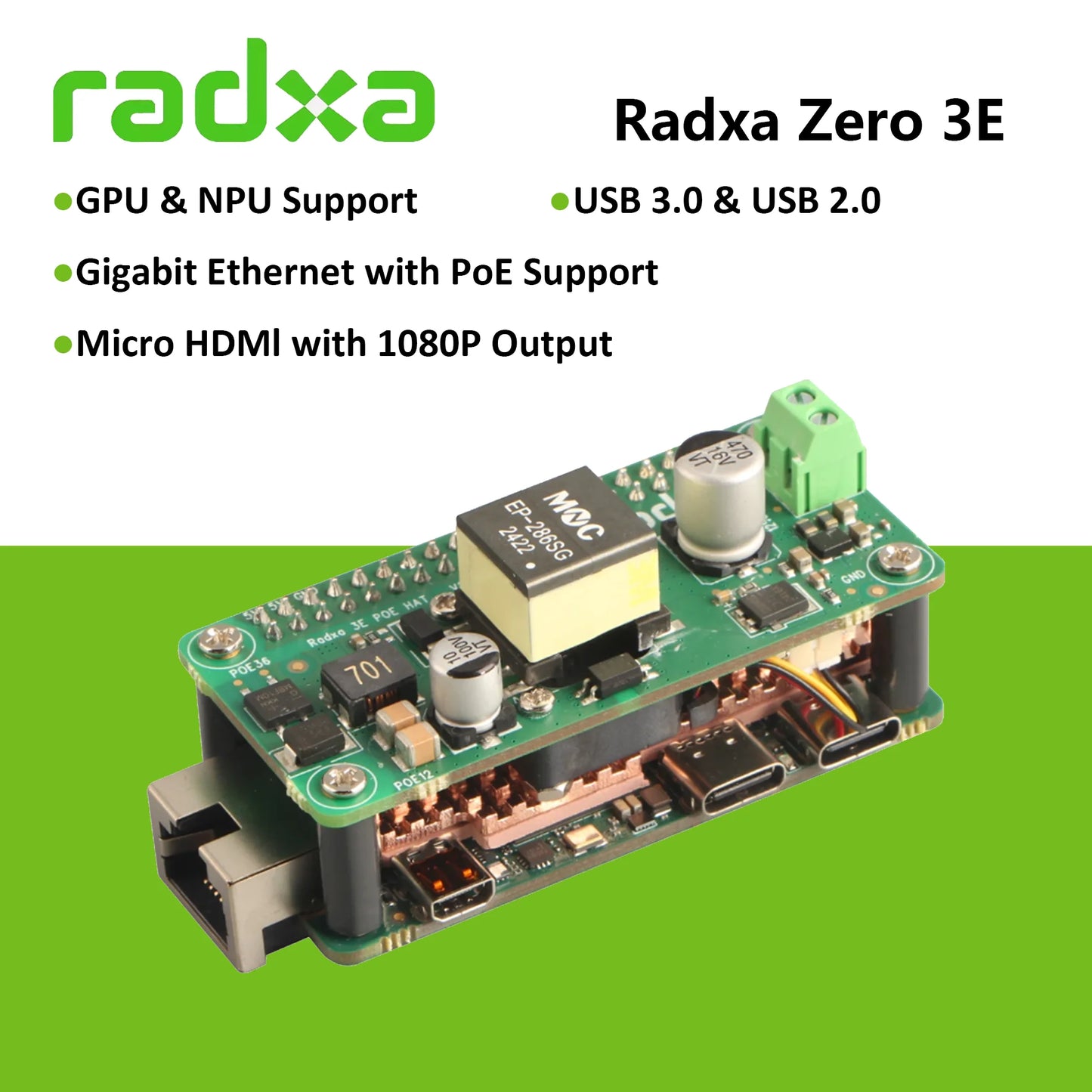 Radxa ZERO 3E Development Board RK3566 4-core CPU , GPU, NPU, HDMI with 1080P Output,  Gigabit Ethernet Kit Optional