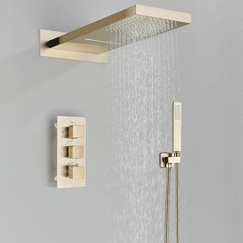 SHBSHAIMY Thermostatic Shower Faucets Bathroom Black Waterfall Shower Set Chrome Wall Mounted Three Ways Hot And Cold Mixer Tap