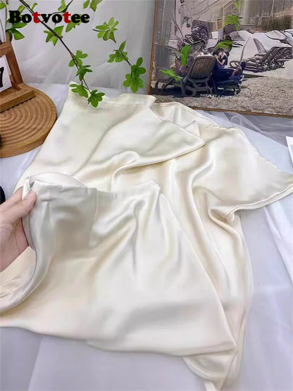 Botvotee Elegant Satin Long Skirt for Women Spring Summer 2025 Office Ladies Korean Style Loose Elastic Band Midi Skirts
