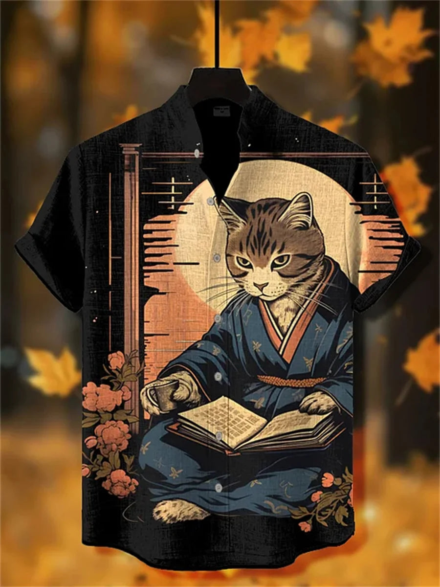 Men's short-sleeved shirt with cat and dinosaur print, casual and stylish vacation-style men's top, fashionable Hawaiian design.