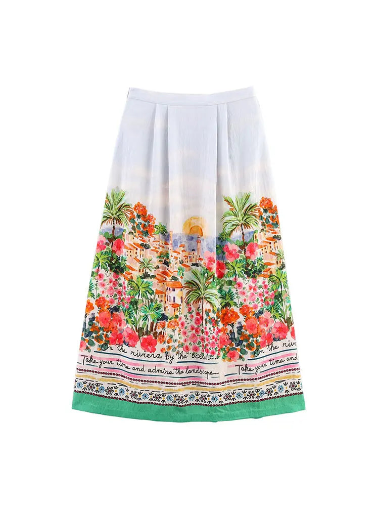 TFAFXY 2025 Summer Printed Pleated Long Skirts For Women Ruffled Elegant Women's Skirts High Waist Casual Loose Midi Skirt