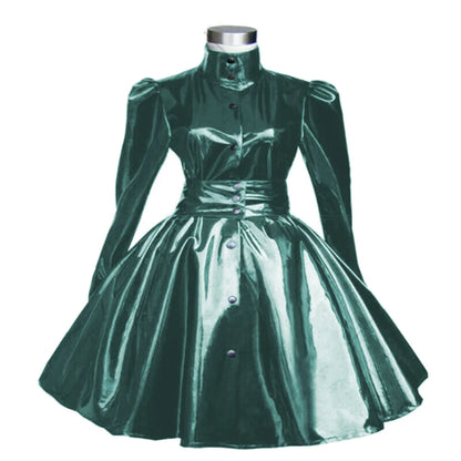 Plus Size Sweet Girl Mini Dress PVC Leather High Neck Button Pleated  A-line Dress Preppy Style Back Zipper Long Sleeve Dress