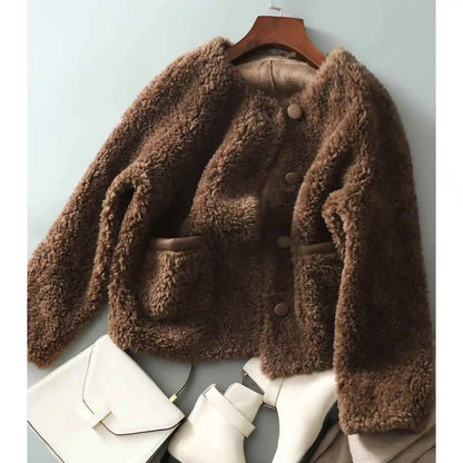 Women Autumn Winter New Outerwear Warm Particle Plush Short Jacket Fur Integrated Lamb Wool Trend Coats