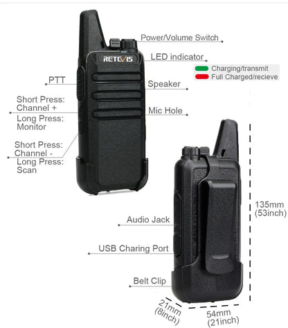 Retevis RT622 Mini Walkie Talkie 2pcs PMR446 Portable Two-way Radio PTT Walkie Talkies Communication Radio for Restaurant Hotel
