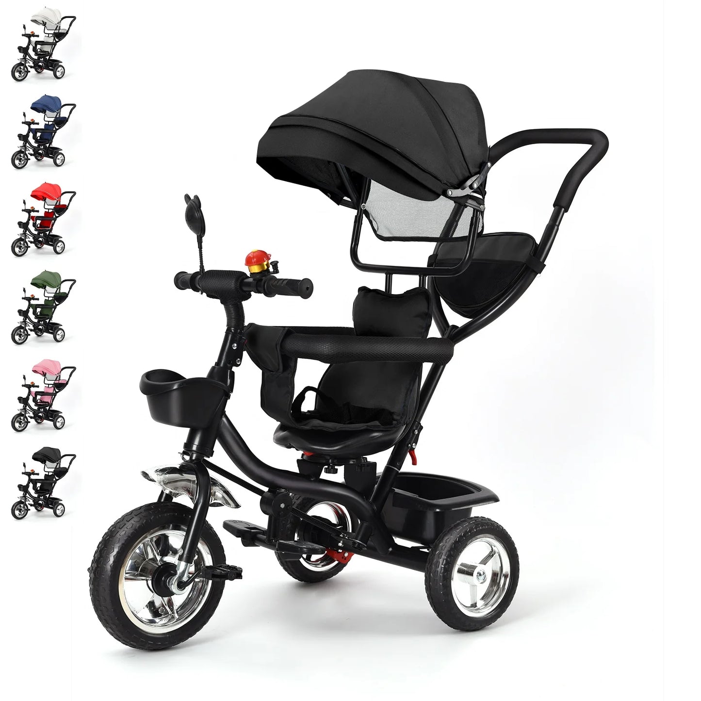 Baby scalable Tricycle 1 to 5 years, bike for elderly plus children, reversible seat, large basket and bag, larger wheels, with thrust handle, green/pink/black/red/blue/gray