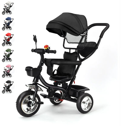 Baby scalable Tricycle 1 to 5 years, bike for elderly plus children, reversible seat, large basket and bag, larger wheels, with thrust handle, green/pink/black/red/blue/gray