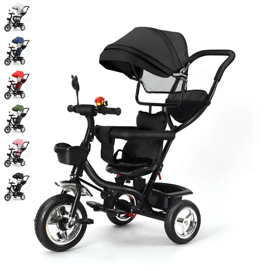 Baby scalable Tricycle 1 to 5 years, bike for elderly plus children, reversible seat, large basket and bag, larger wheels, with thrust handle, green/pink/black/red/blue/gray