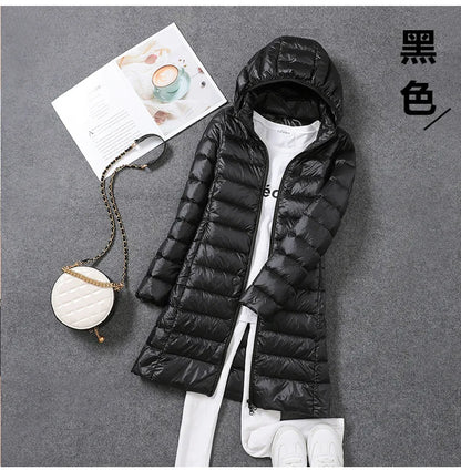 Women Ultra Light Long Down Jacket Coats Autumn Winter Loose Long Sleeve Zip Up Loose Korean Hooded Detachable Tops Outwear