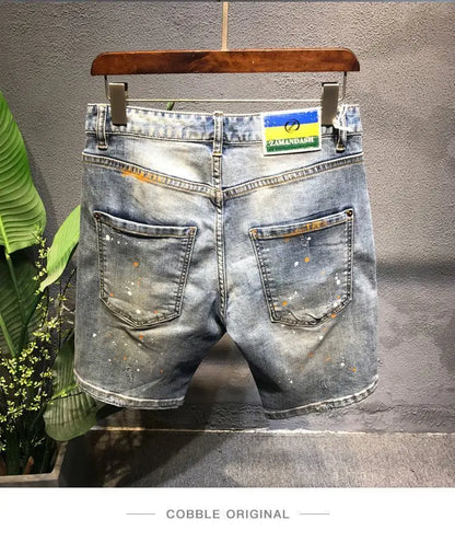 Summer Trendy Brand Handsome Denim Shorts Men's Washed Embroidered Patch Trendy Short Pants Ripped Slim-fit Elastic Middle Pants