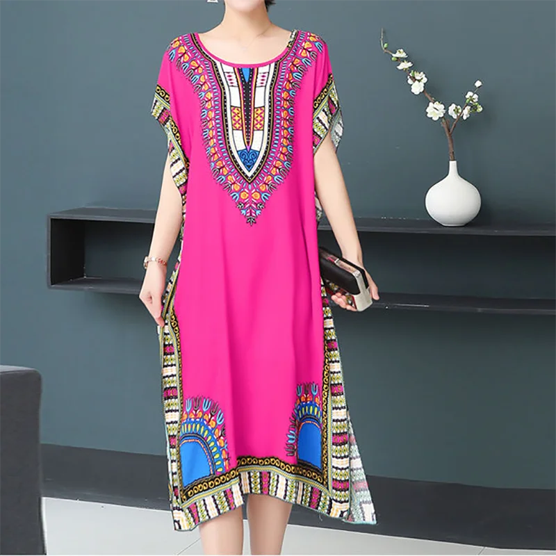 Casual Elegant Bohemian Printed Ethnic Style Retro Floral Woman Summer Street Wear Batwing Sleeve Loose Tunic Maternity Dress