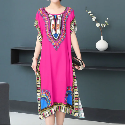 Casual Elegant Bohemian Printed Ethnic Style Retro Floral Woman Summer Street Wear Batwing Sleeve Loose Tunic Maternity Dress