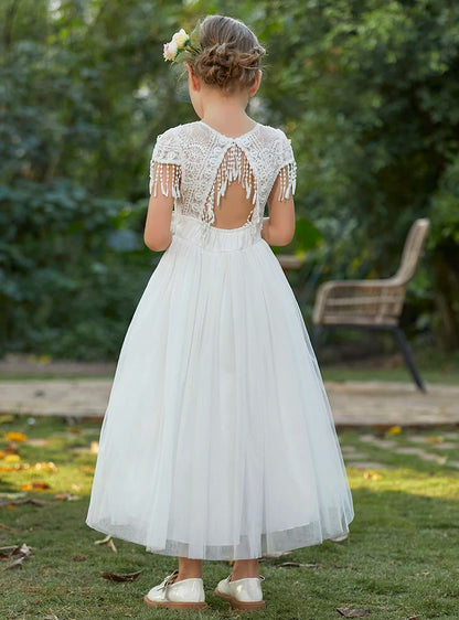 Christmas Girl's New Bohemian Style Lace Tassel Flower Backless Solid Color Fashionable and Atmospheric Gathering Mesh Dress