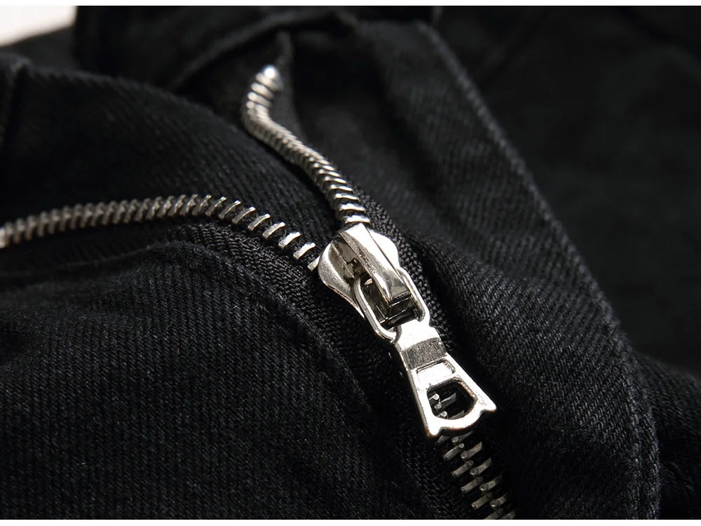 Men Snake Embroidery Jeans Streetwear Black Stretch Denim Pants Holes Ripped Distressed Slim Straight Trousers