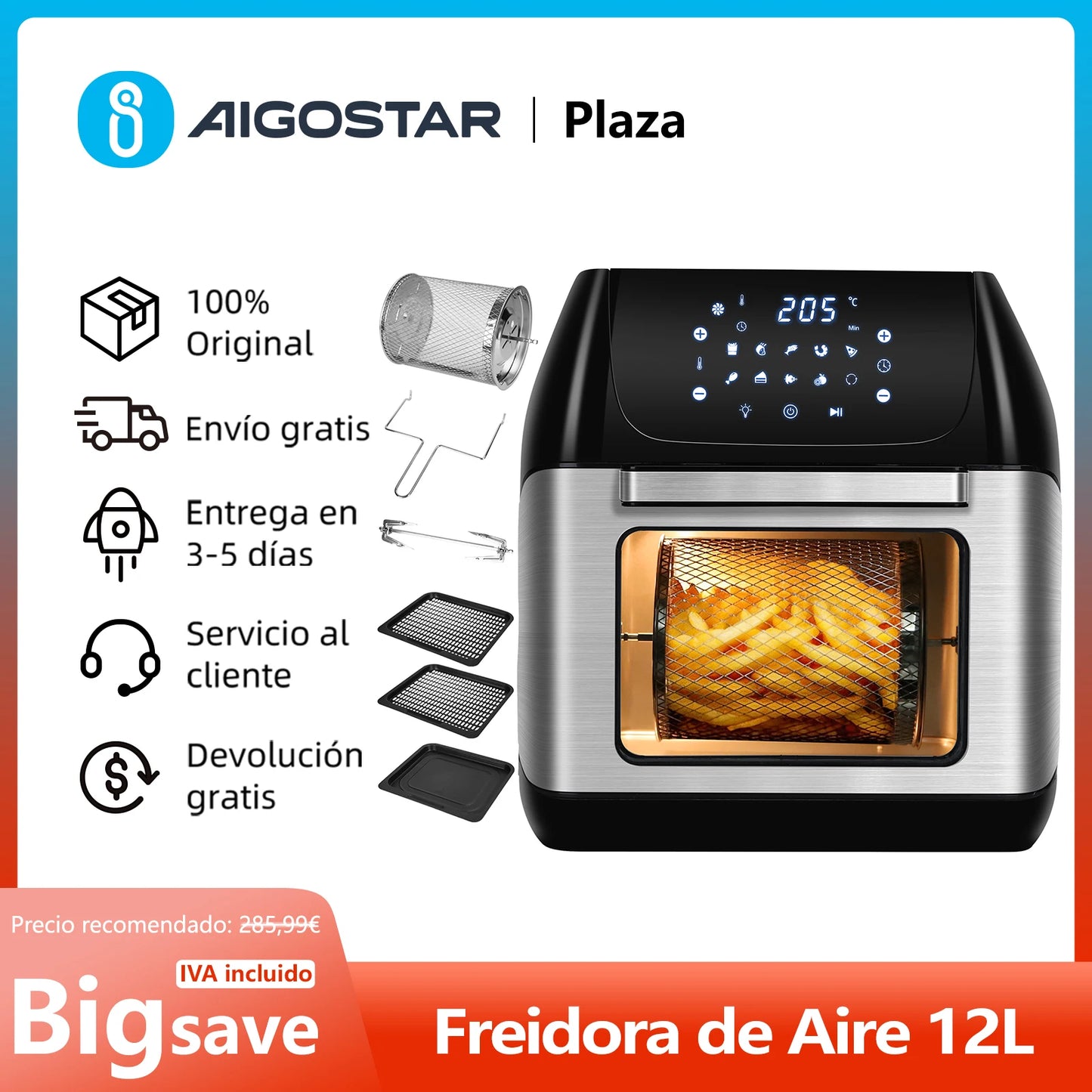 12L Air Fryer, Multifunction Air Oven, 6 Accessories, Dishwasher Safe, Led Touch Screen, Bpa Free, 1500W