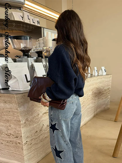 Female Vintage Leather Pocket Jeans Women Blue Zipper Straight Loose Trousers Lady New Fashion Daily Casual Spring Pants 2026