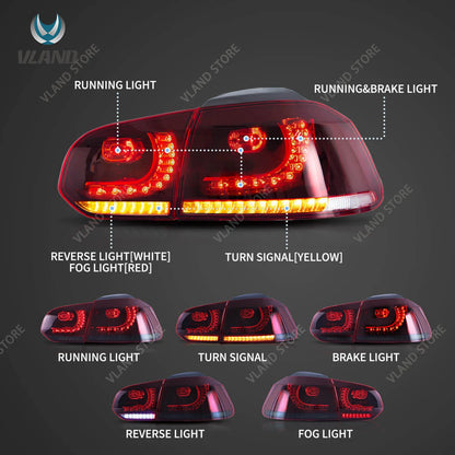 08-14 Golf MK6 Hatchback VLAND LED Tail Lights E-Mark w/ Amber Sequential Turn Signal Rear Lamps Assembly Set of 2