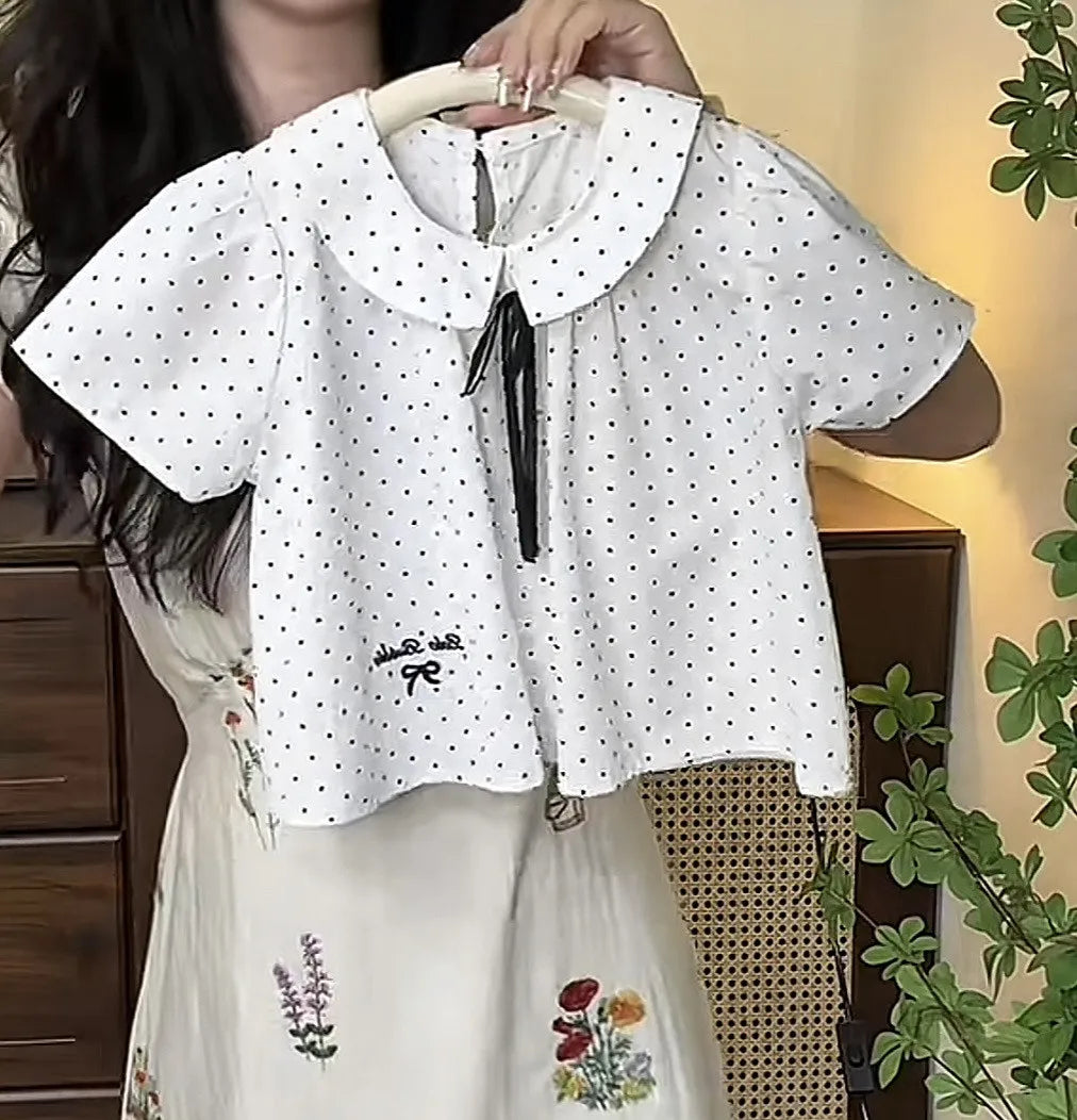 2025 Summer New Children Clothing for Girls Children Turn-down Collar Top for Girls Casual Short Sleeved Polka Dot T-shirt