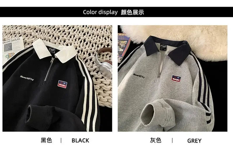 American Style Autumn Winter Oversize Sweatshirts Men Lapel Letter Zipper Printing Label Fashion Trend Long Sleeve Loose Hoodies