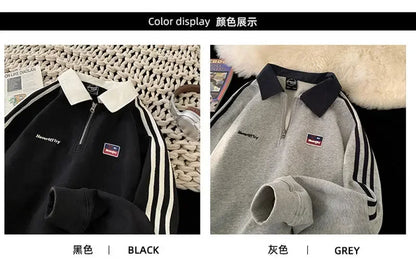 American Style Autumn Winter Oversize Sweatshirts Men Lapel Letter Zipper Printing Label Fashion Trend Long Sleeve Loose Hoodies