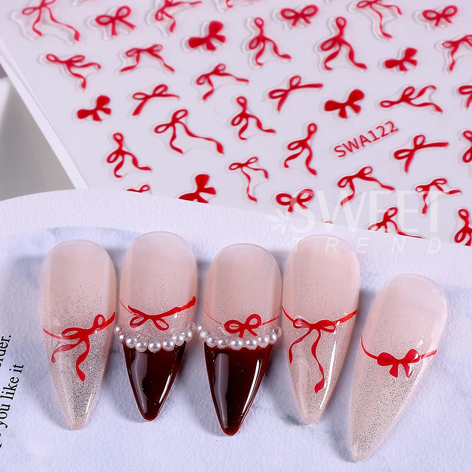 4/8pcs Bowknot Ribbon Nail Stickers Mini Kawaii Lace Bow Tie Design Self-Adhesive Nail Art Decals DIY Manicure Supplies Decor