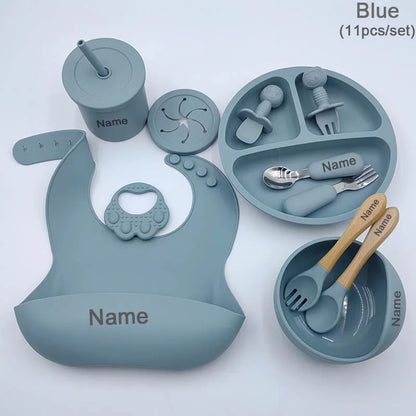 11Pcs Silicone Feeding Sets For Baby Personalized Name Children's Tableware Suction Cup Plates Bowl Spoon Feeding Cups BPA Free