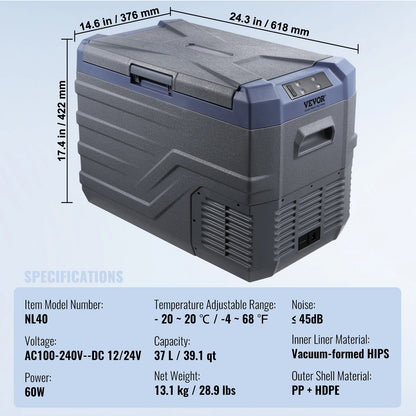 SucceBuy 30/37/45L Car Refrigerator Single Zone Portable Freezer&Built-in Light Compressor Cooler for Outdoor Camping