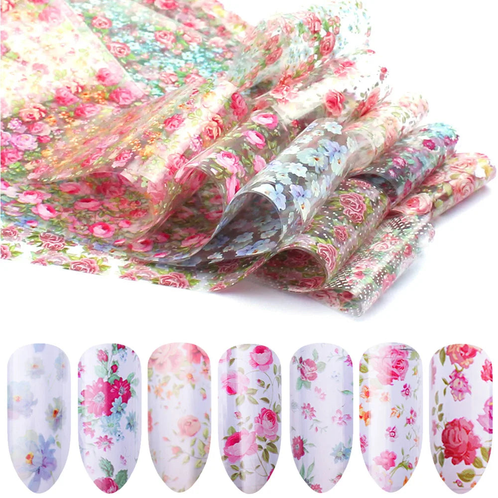 16Pc Holographic Nail Foil Set Starry Transfer 20*4cm Sticker Laser Flowers Leopard Mix Design Decal DIY Nail Art Decoration