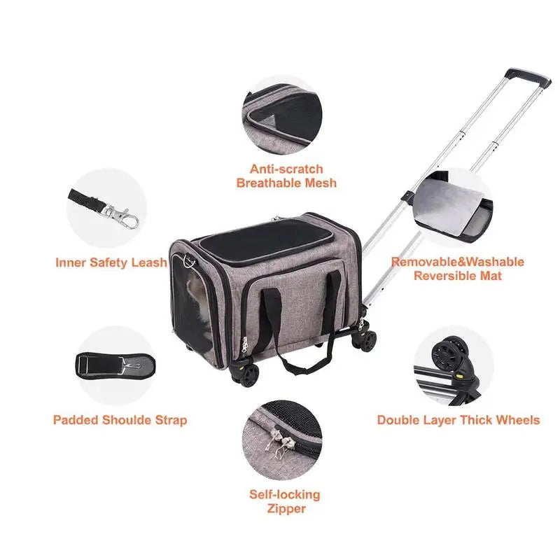 11.3kg Capacity - Foldable Pet Trolley Backpack - 600D Oxford Fabric - 4 Wheels & Storage Pockets - Ideal for Travel, Outings, Park, Shopping, Visiting - Portable Dog Cart