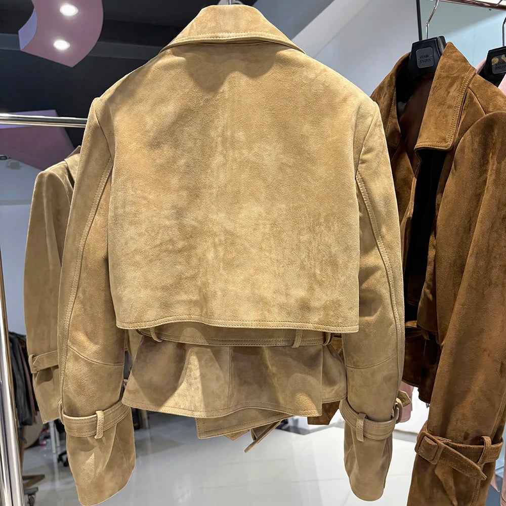 YOLOAgain 2025 Autumn Elegant Real Leather Jacket Coat Women Oversized Leather Jacket With Belt