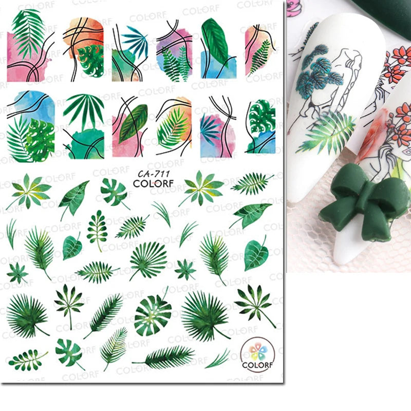 3d Nail Art Decals Watercolor Florals Purple Green Pink Flowers Leafs Fruit Adhesive Sliders Nail Stickers For Manicure