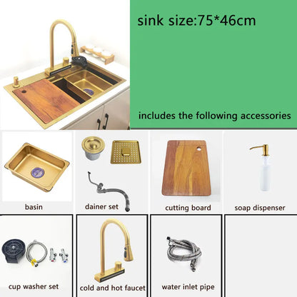 Gold Waterfall Faucet Kitchen Sink Nano Sink 304 Stainless Steel Golden Topmount Single Bowl Wash Basin 4 Function Kitchen Faucet