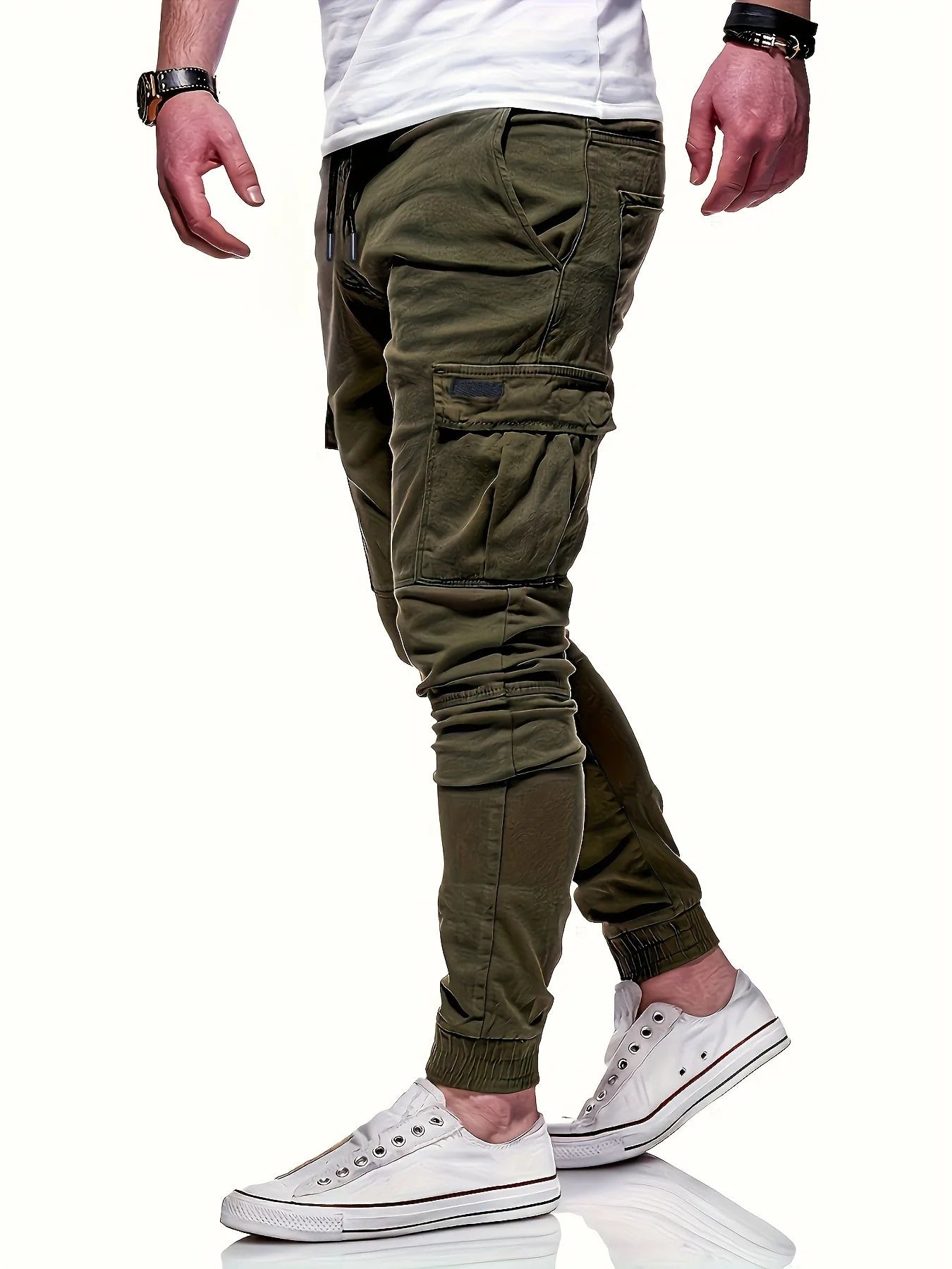 Men's drawstring loose multi pocket work pants, spring and autumn outdoor, men's work pants