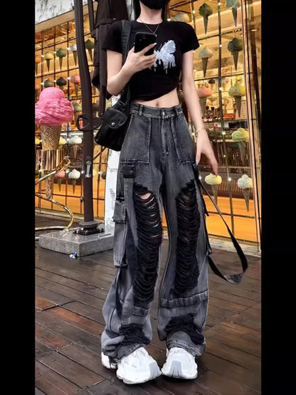 American Retro Washed Black Hole Denim Pants Women's Style 2026 Autumn New Street Design Wide Leg Pants High Waist Straight Leg