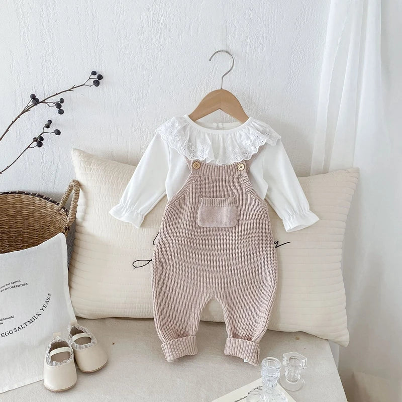 FOCUSNORM 0-3Y Winter Baby Boys Girls Overalls Jumpsuits Sleeveless Front Pocket Solid Color Knitted Romper Outfit