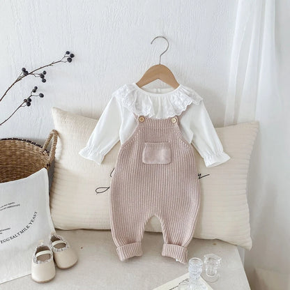 FOCUSNORM 0-3Y Winter Baby Boys Girls Overalls Jumpsuits Sleeveless Front Pocket Solid Color Knitted Romper Outfit