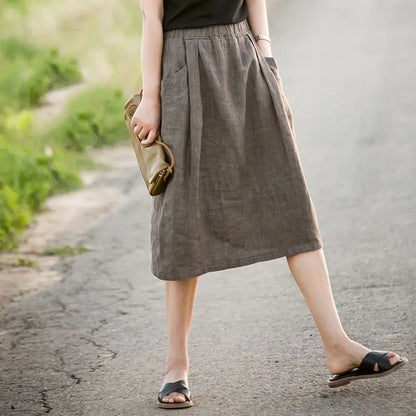 New Cotton and Hemp Half Length Skirt for Women in Summer, A-line Medium Length Skirt, High Waist, Loose Elastic Waist Skirt