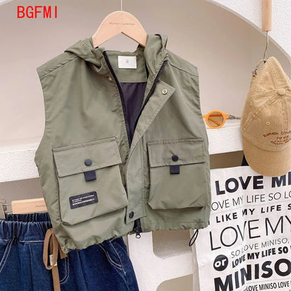 Children's Zipper Vest Spring Autumn Korean New Big Pocket Vestcost Boys Versatile Windproof Hooded Sleeveless Inner Lining Coat