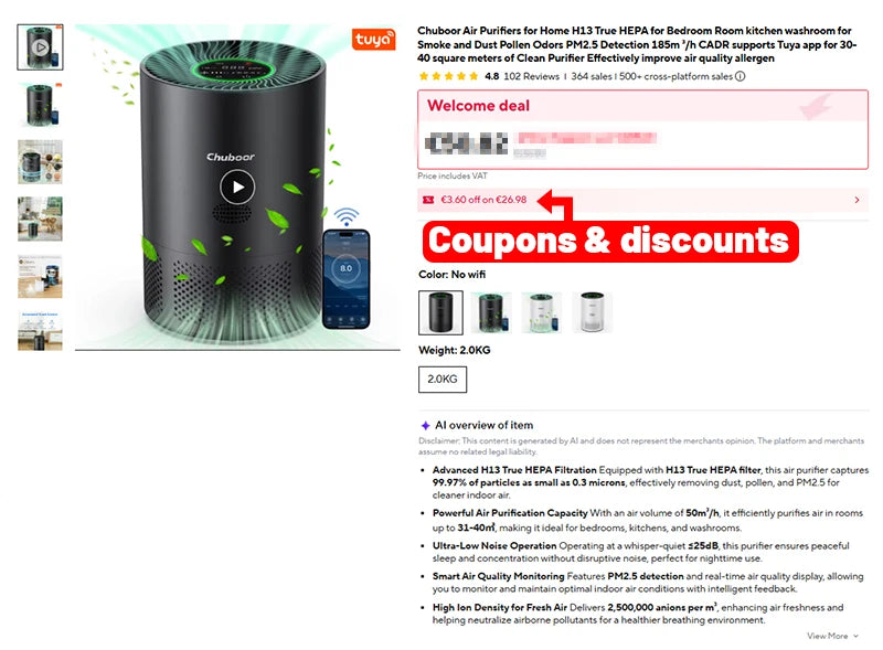 Chuboor Air Purifiers for Home H13 True HEPA for Bedroom Room Kitchen Washroom for Smoke and Dust Pollen Odors PM2.5 Detection 185m³/h CADR Supports Tuya App for 30-40 Square Meters of Clean Purifier Effectively Improve Air