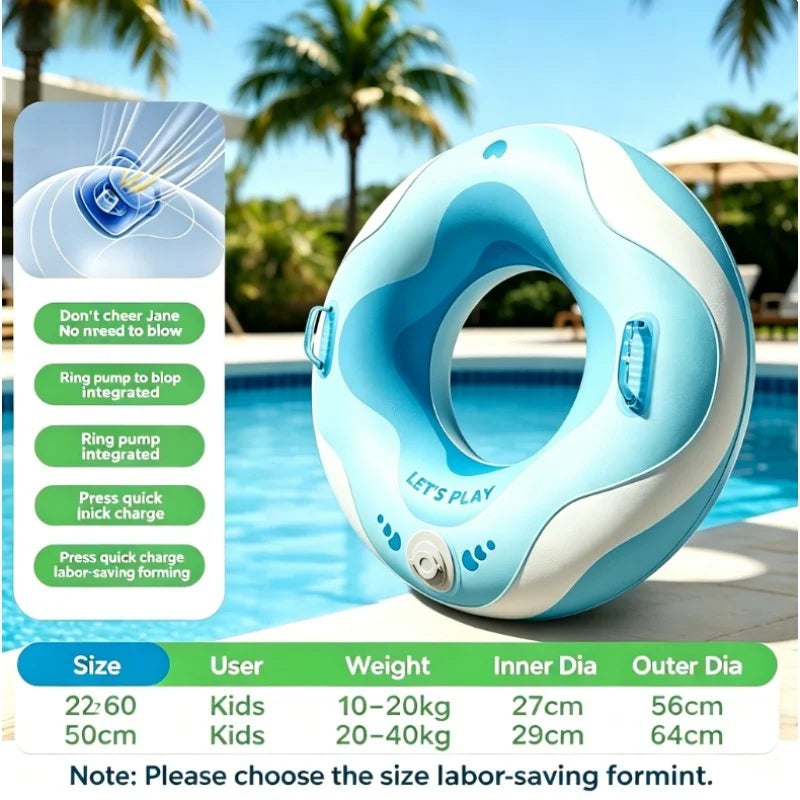 No Mouth Blowing Swimming Tube with Integrated Pump - Press to Inflate in Seconds! 2 Colors (Blue/Green) for Pool, Beach & Lake