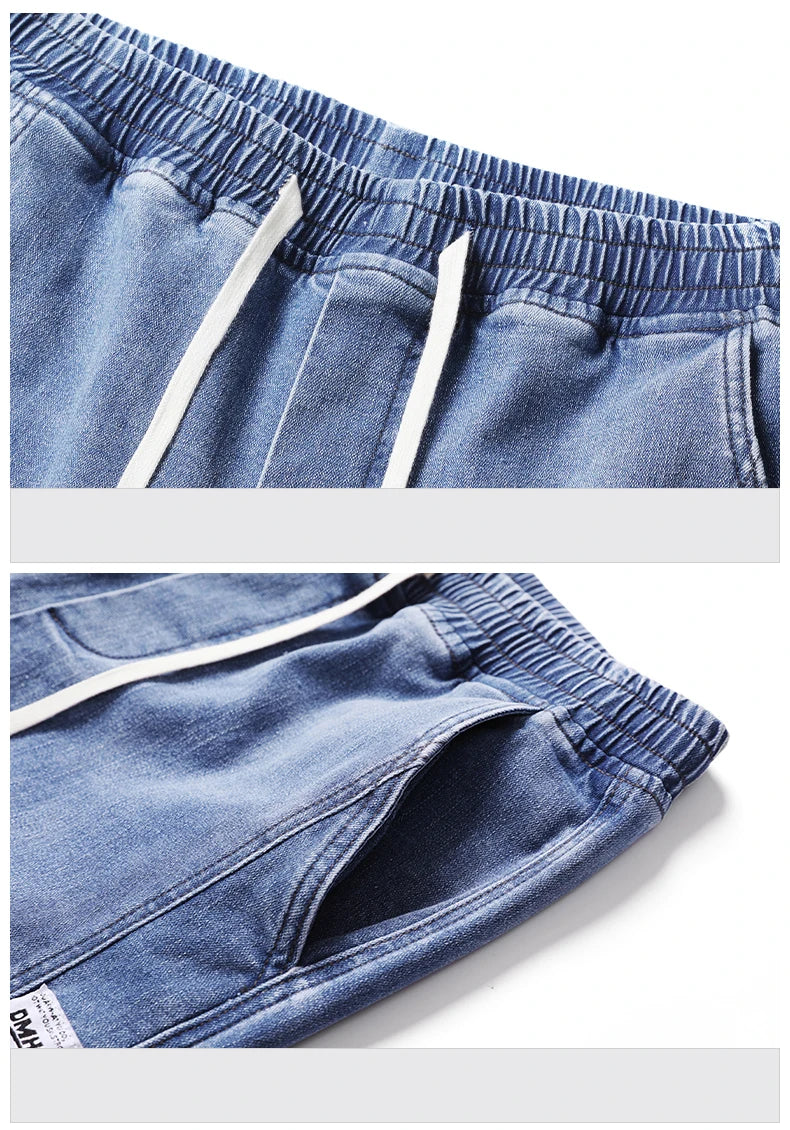 Autumn Winter Blue Jeans Men Drawstring Elastic Waist Cotton Cargo Denim Pants Work Fashion Thick Trousers Male Plus Size M-4XL