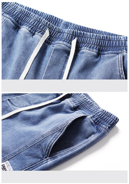 Autumn Winter Blue Jeans Men Drawstring Elastic Waist Cotton Cargo Denim Pants Work Fashion Thick Trousers Male Plus Size M-4XL