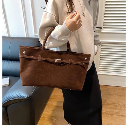 Vintage Satin-Leather Tote Bag – Casual Style with Buckle Closure, Large Capacity for Commuting & Everyday Shoulder Carry