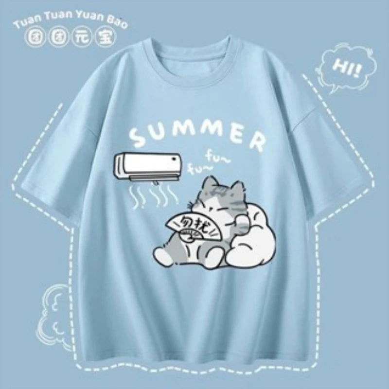 M-8XL Summer Men Oversize T-shirt Korean Casual Loose Style Kitten Blowing Fan Print T-shirt Suitable for Both Men Women