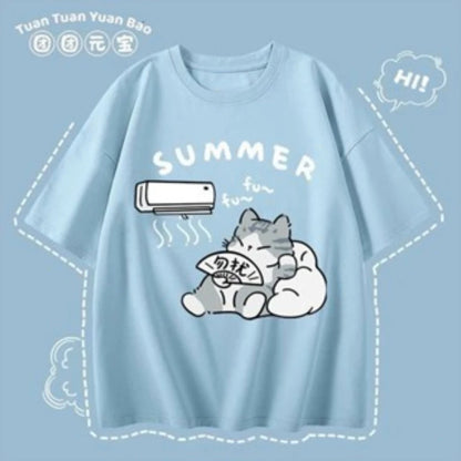 M-8XL Summer Men Oversize T-shirt Korean Casual Loose Style Kitten Blowing Fan Print T-shirt Suitable for Both Men Women