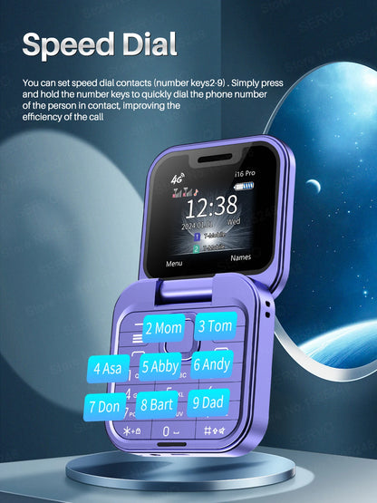 SERVO I16 PRO 4G LTE Mini Flip Mobile Phone Dual SIM Standby Call Recording Speed Dial FM Radio 1.77' Screen Foldable Cellphones