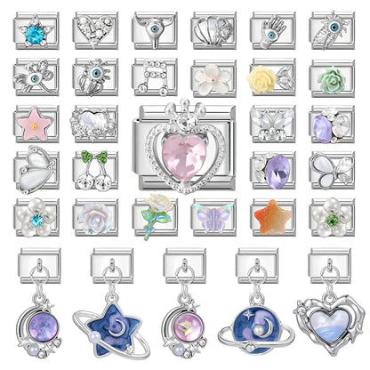 Wholeasle Shiny Zircon Shell Love Heart Devil Eyes Italian Charm Links Fit 9mm Stainless Steel Bracelet Women Jewelry DIY Making