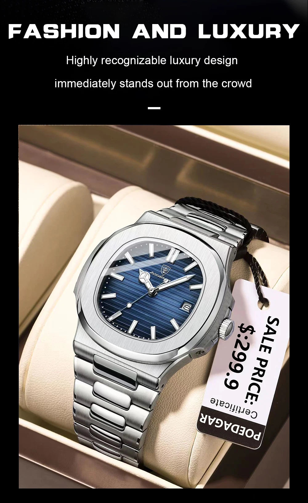 POEDAGAR Luxury Brand Men's Quartz Wristwatch Stainless Steel Waterproof Luminous Date Man Clock Square Business Watches For Men